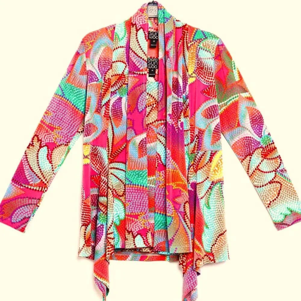 Clara SunWoo gorgeous Draped Tunic open Cardigan in Mosaic Petal Print LG vacay! - Picture 11 of 11